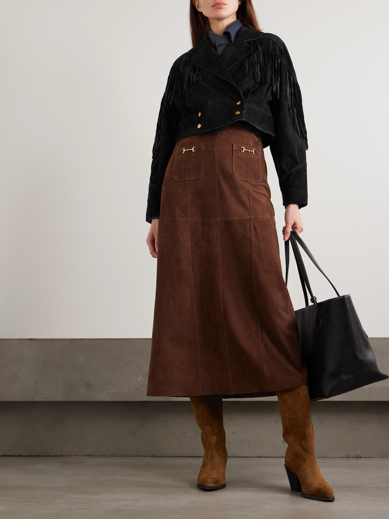 Rixo London Darragh Fringed Double-breasted Suede Jacket In Black