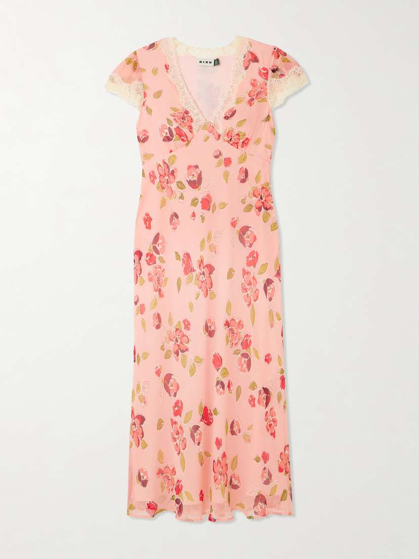 Rixo Clarice Lace-trimmed Appliquéd Floral-print Georgette Midi Dress