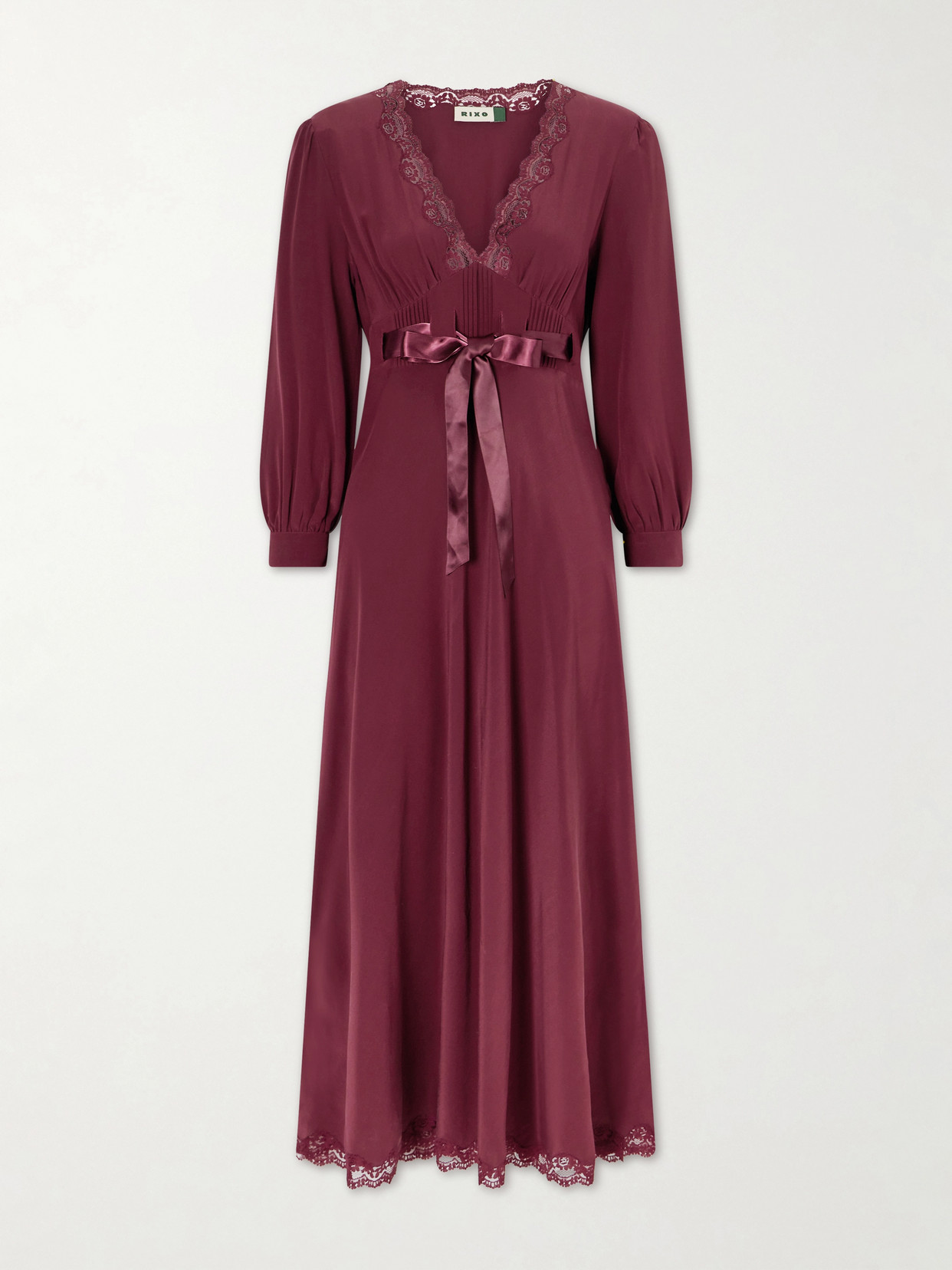 Rixo London Adaline Bow-detailed Lace-trimmed Silk Maxi Dress In Burgundy