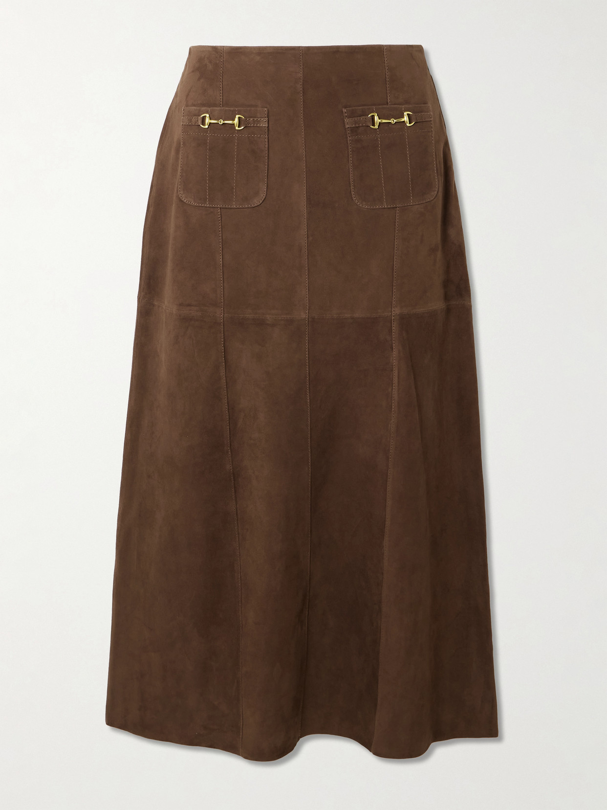 Rixo London Edwina Embellished Paneled Suede Midi Skirt In Brown