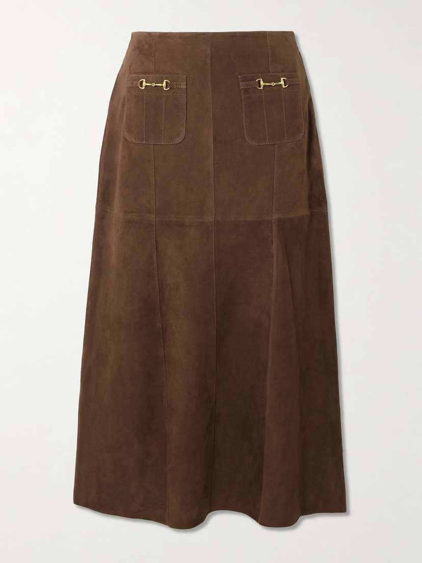 Rixo Edwina Embellished Paneled Suede Midi Skirt