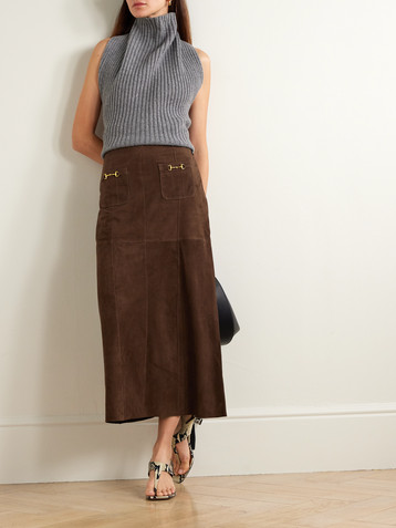 RIXO Edwina embellished paneled suede midi skirt
