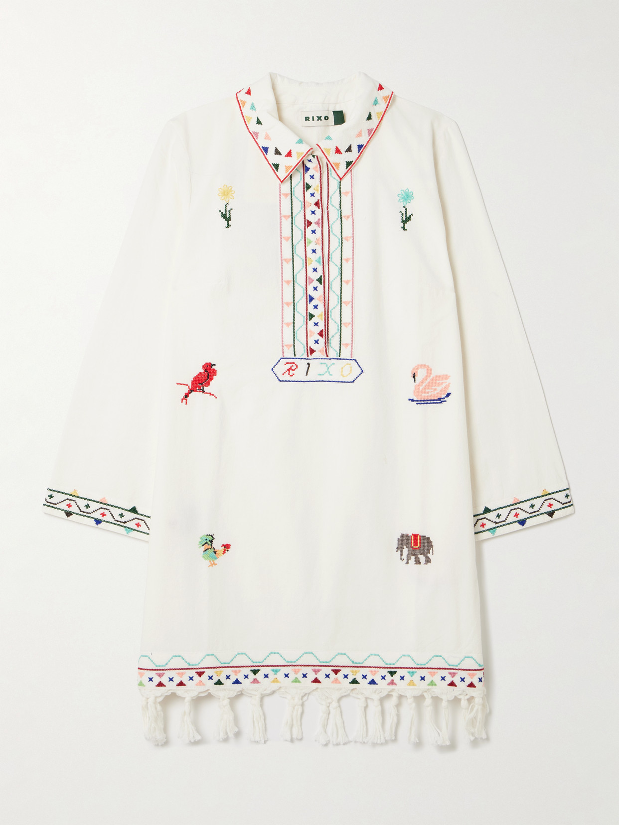 Rixo London Astoria Fringed Embroidered Cotton Mini Dress In White