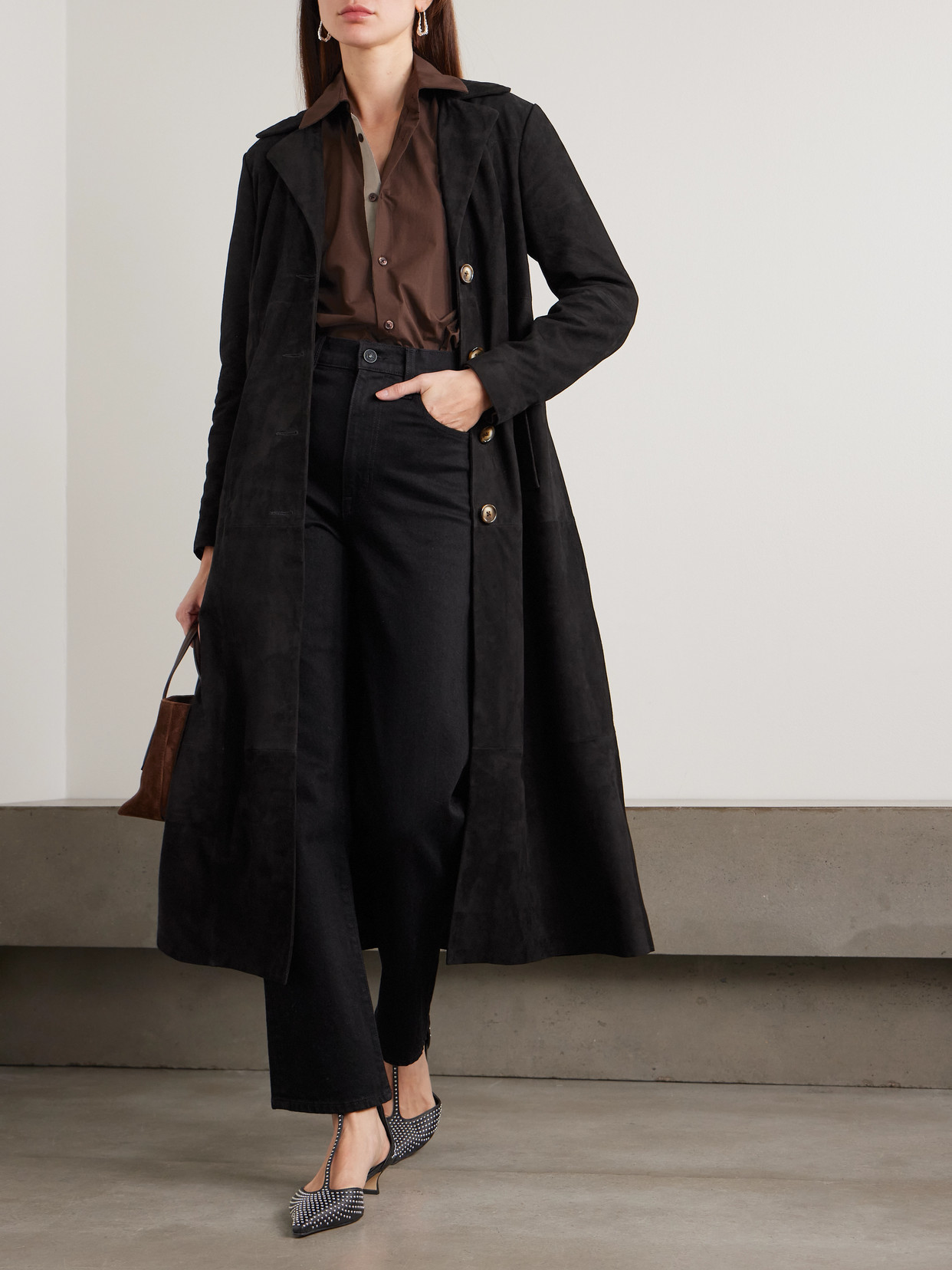 Rixo London Astraea Paneled Suede Coat In Black
