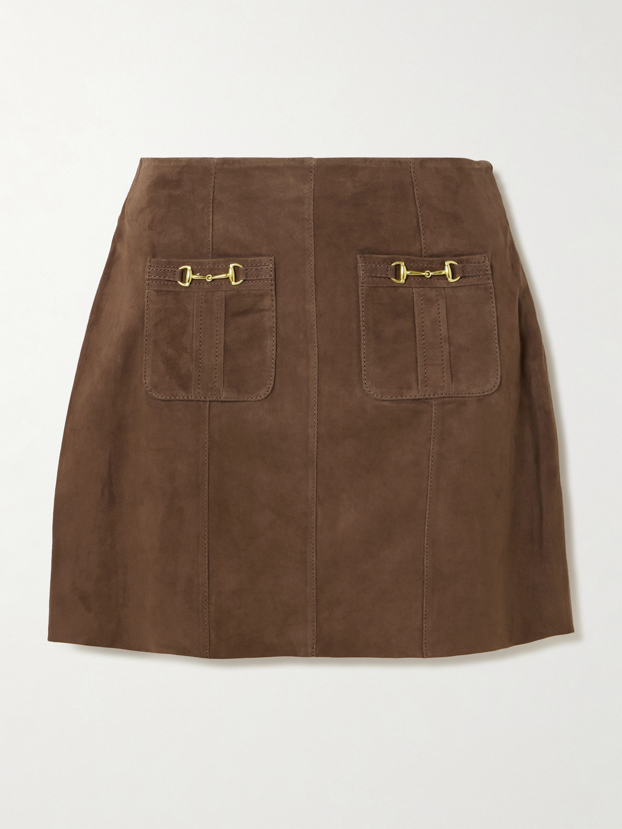 Rixo London Wiley Embellished Paneled Suede Mini Skirt In Brown