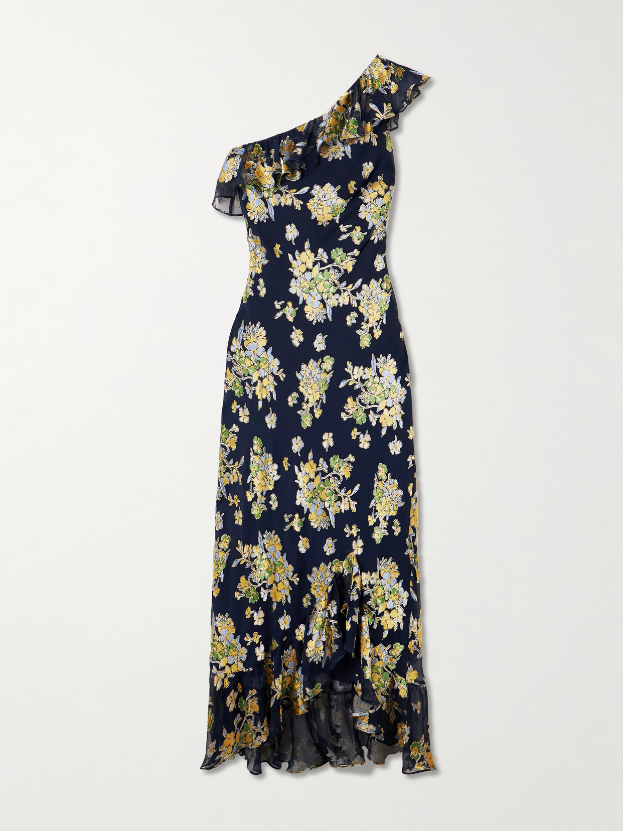 Rixo London Leon One-shoulder Ruffled Devoré-velvet Chiffon Maxi Dress In Blue