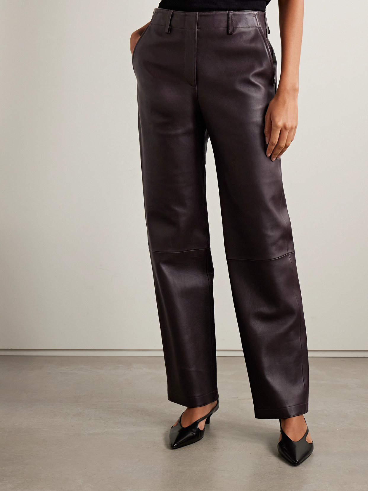 Theory Leather Straight-leg Pants In Brown
