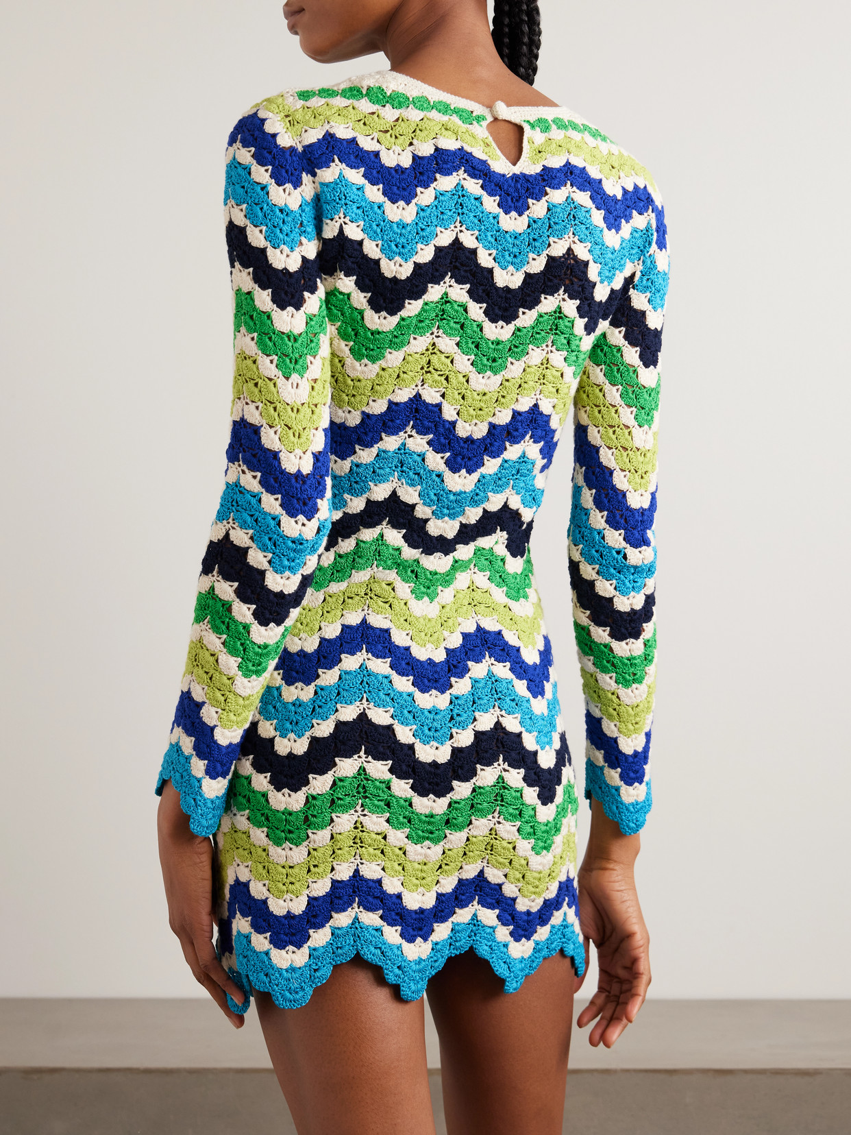 Escvdo Victoria Scalloped Crocheted Cotton Mini Dress In Blue