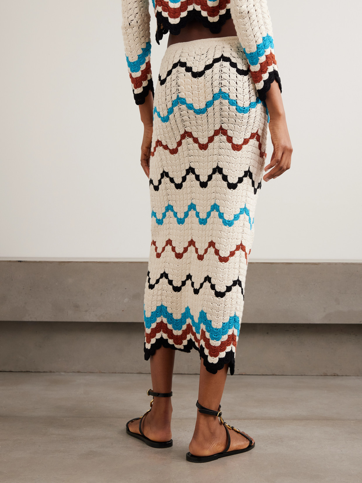 Escvdo Safi Scalloped Crocheted Cotton Midi Skirt In White