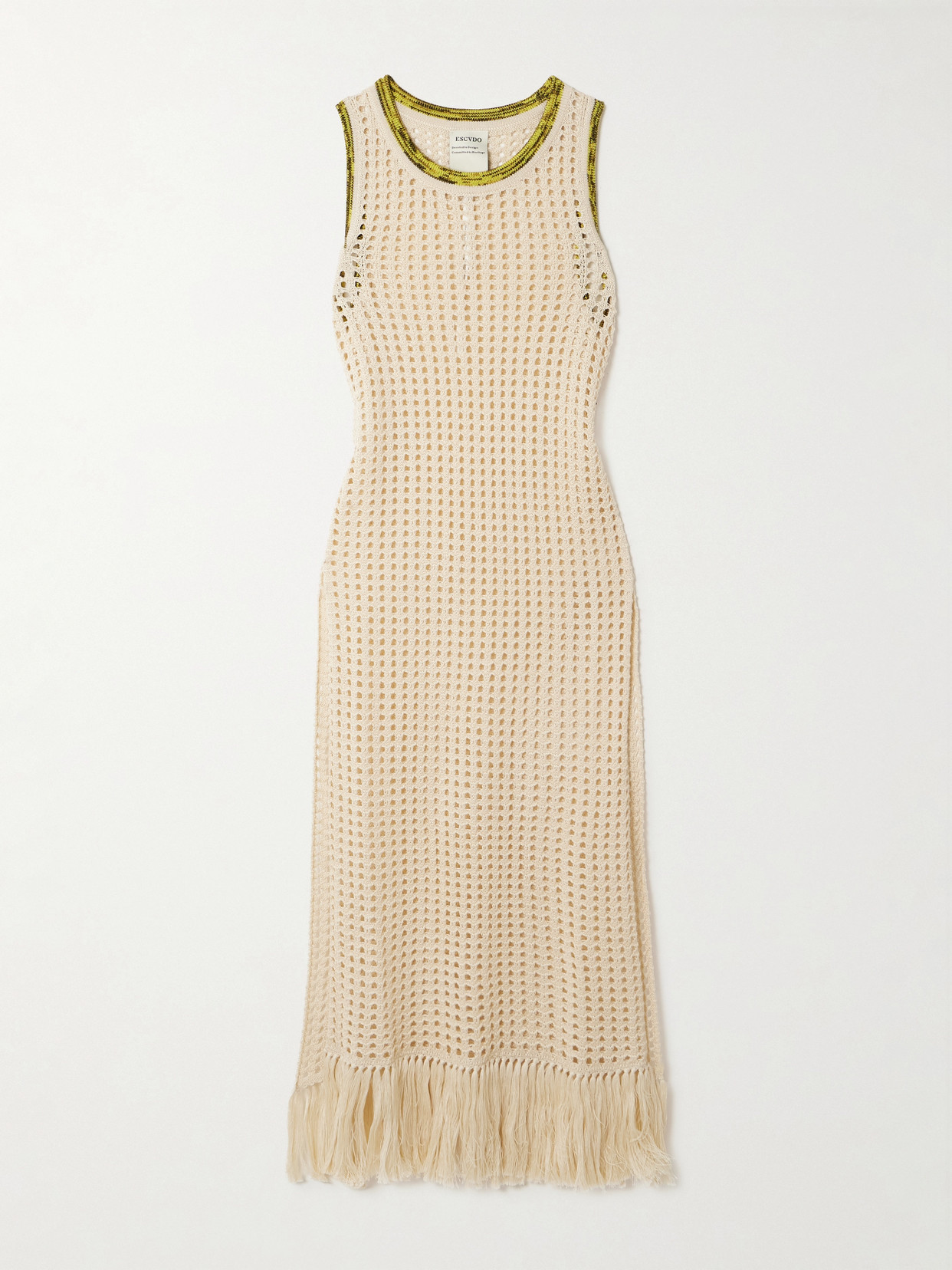 Escvdo Atuq Fringed Open-knit Cotton Midi Dress In Neutral