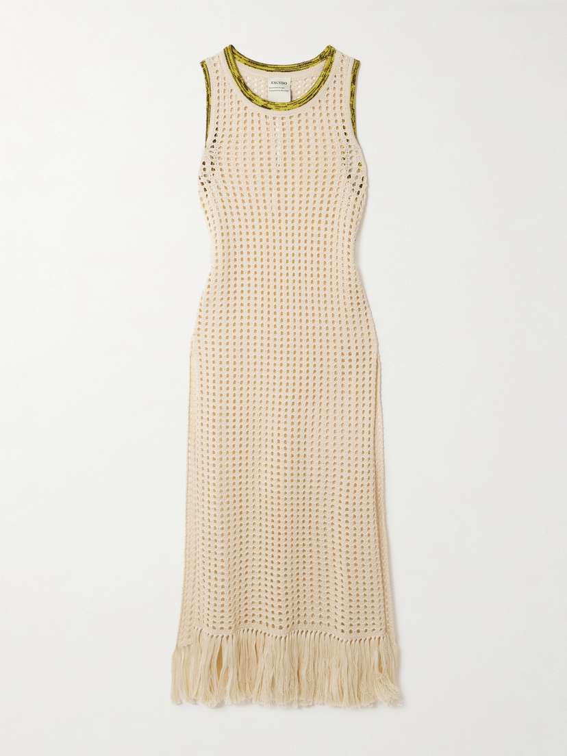 ESCVDO Atuq Fringed Open-knit Cotton Midi Dress