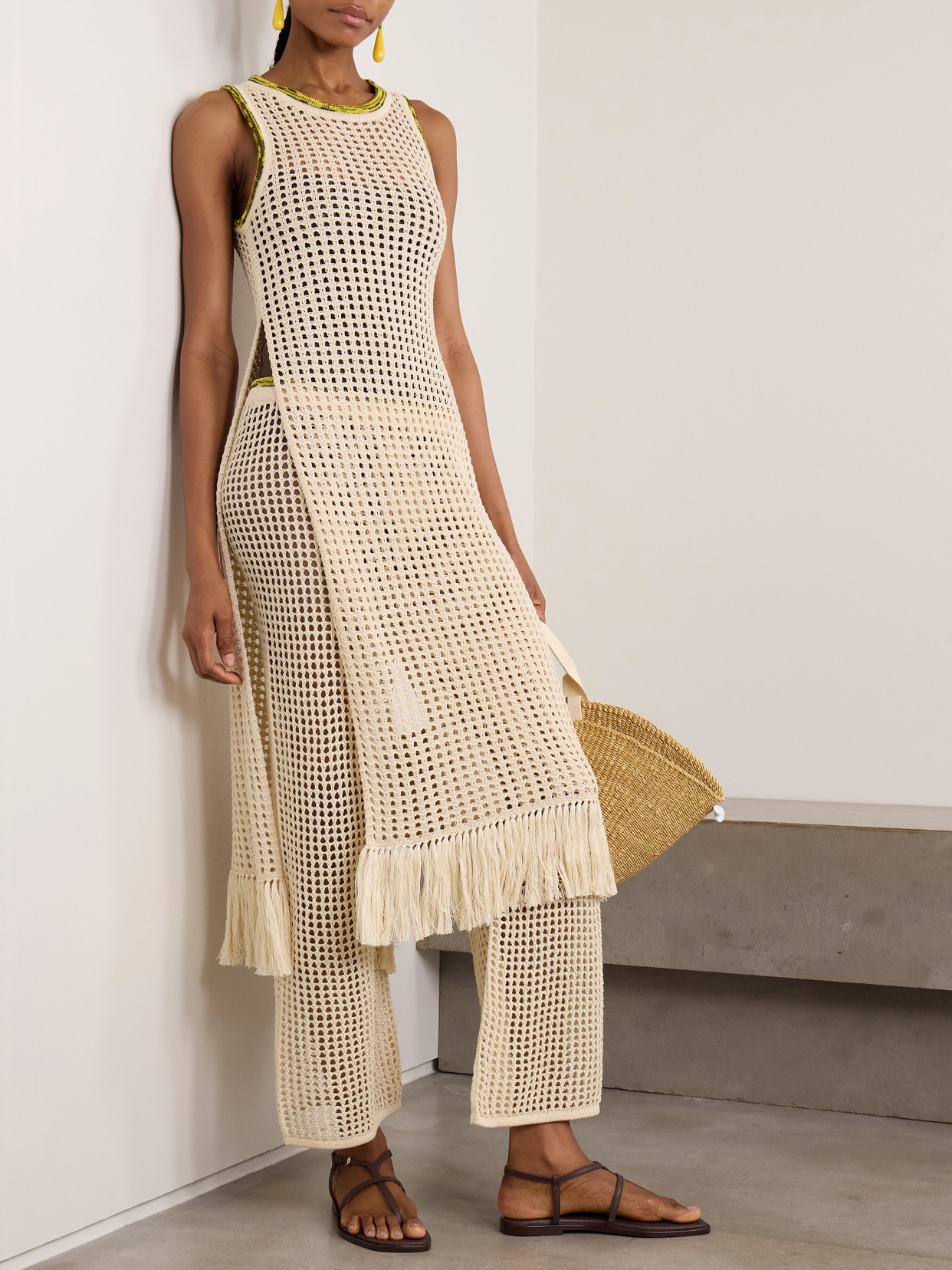 Escvdo Atuq Fringed Open-knit Cotton Midi Dress In Neutral