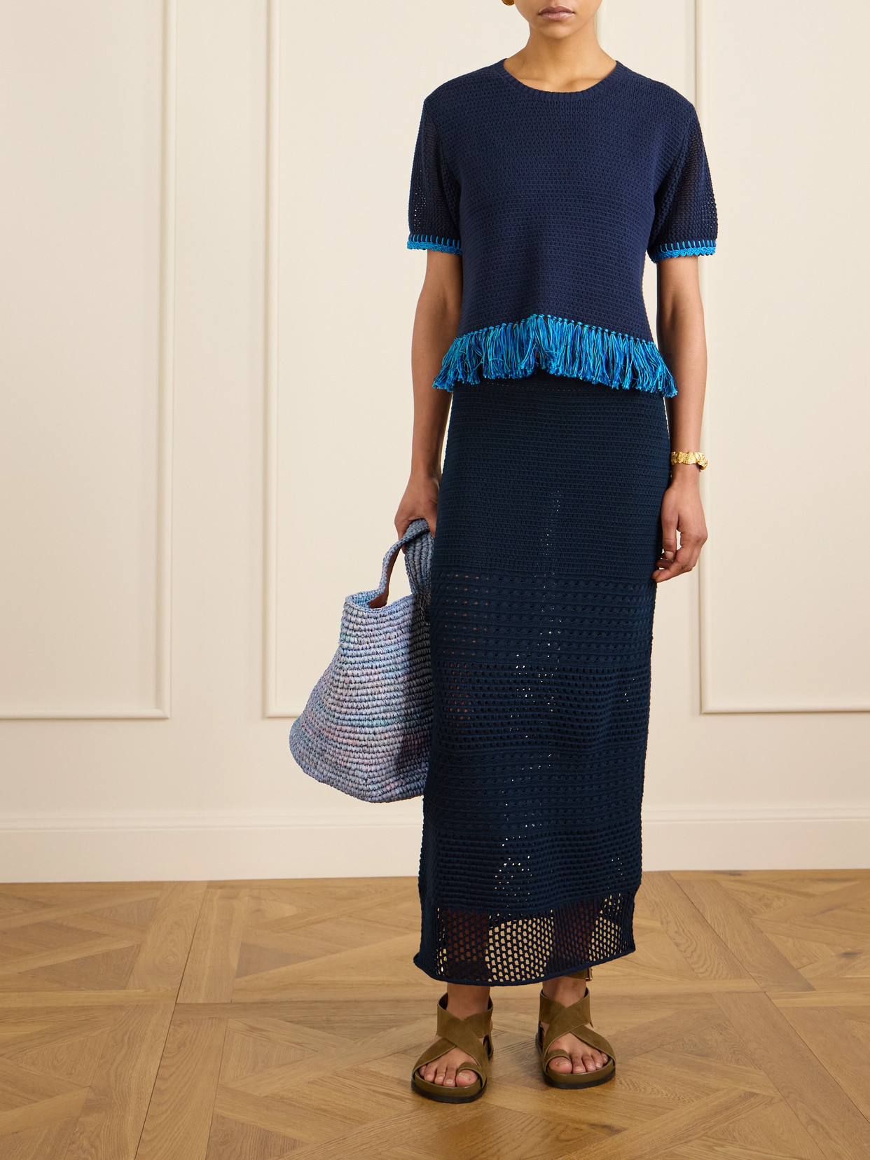 Escvdo Amada Crocheted Cotton Maxi Skirt In Blue