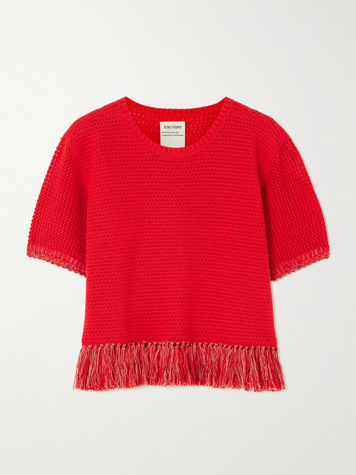 Escvdo Amada Cropped Fringed Crocheted Cotton Top In Red