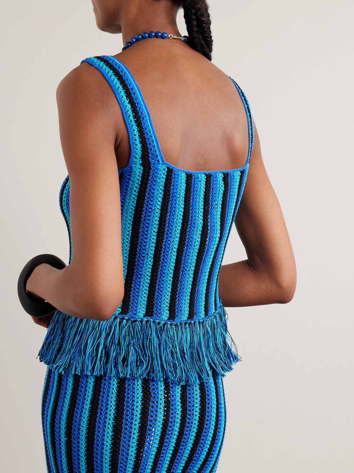 Misti Fringed Striped Open-Knit Cotton Tank