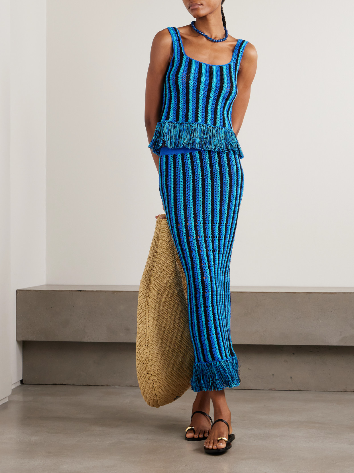 Misti Fringed Striped Open-Knit Cotton Tank