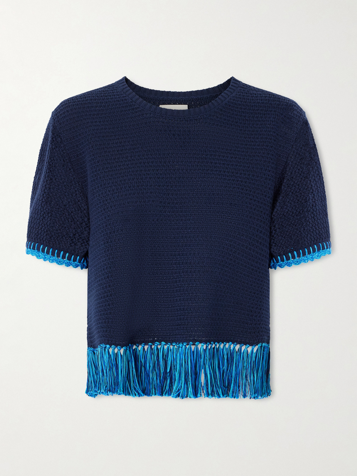Escvdo Amada Fringed Crocheted Cotton Top In Blue