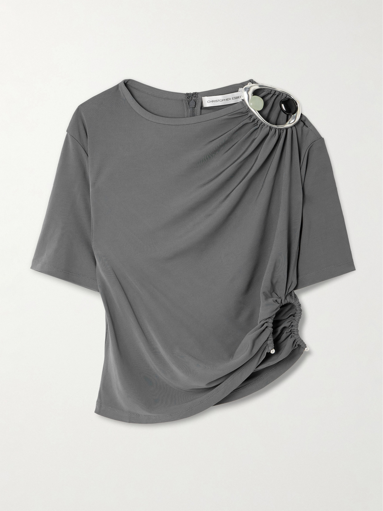 Orica Cropped Asymmetric Embellished Ruched Jersey T-Shirt