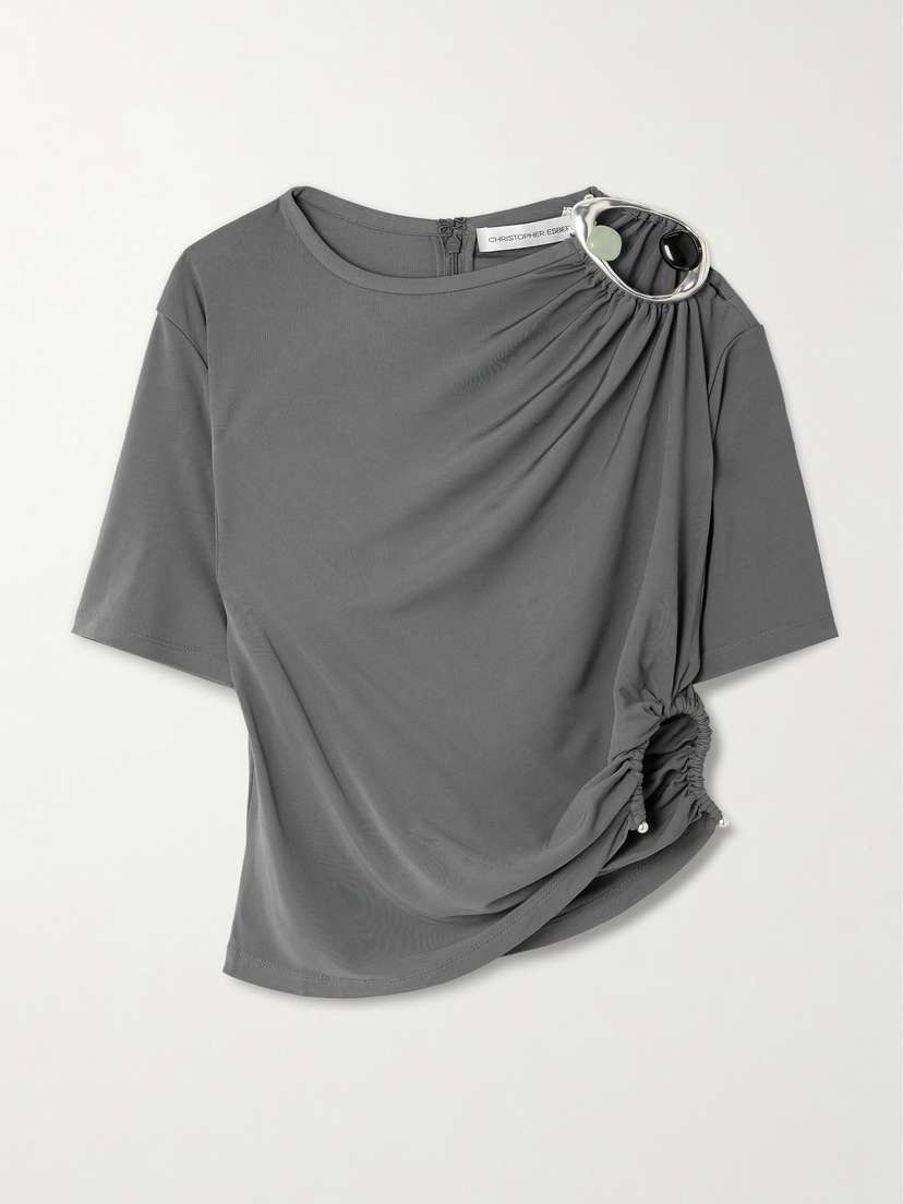 Christopher Esber Orica Cropped Asymmetric Embellished Ruched Jersey T-shirt