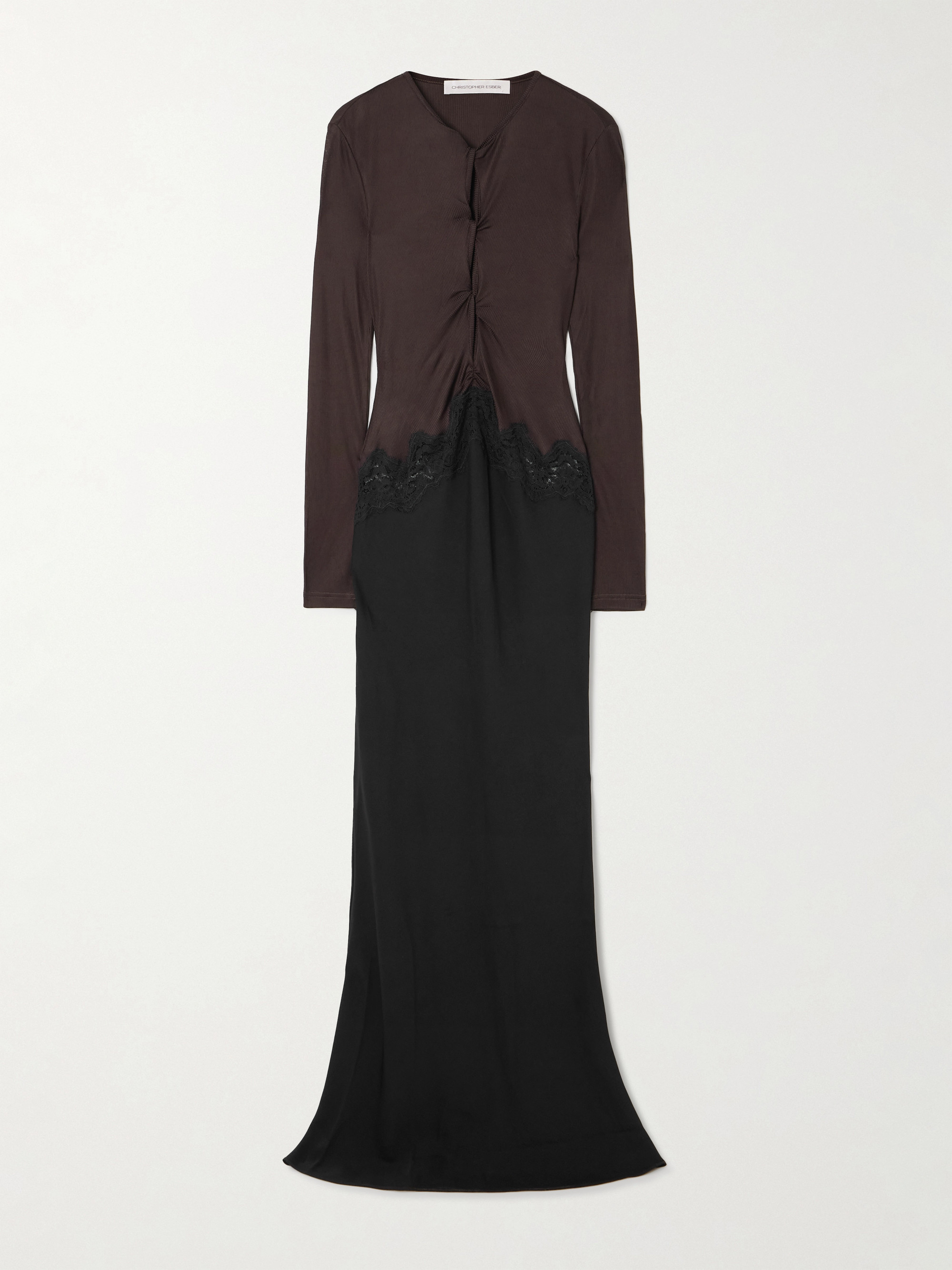 Twisted-front cutout lace-trimmed ribbed-knit and crepe gown — Image 5
