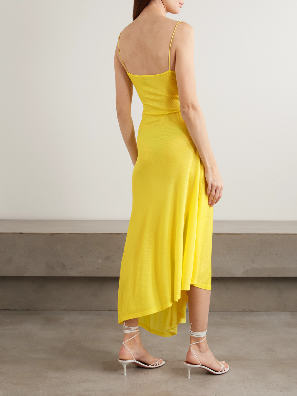 Christopher Esber Delphin Asymmetric Gathered Lace-trimmed Ribbed Jersey Midi Dress In Yellow