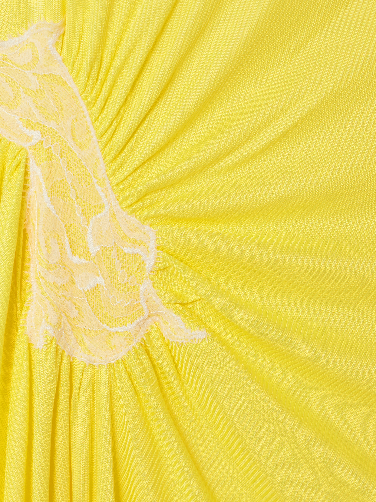 Christopher Esber Delphin Asymmetric Gathered Lace-trimmed Ribbed Jersey Midi Dress In Yellow