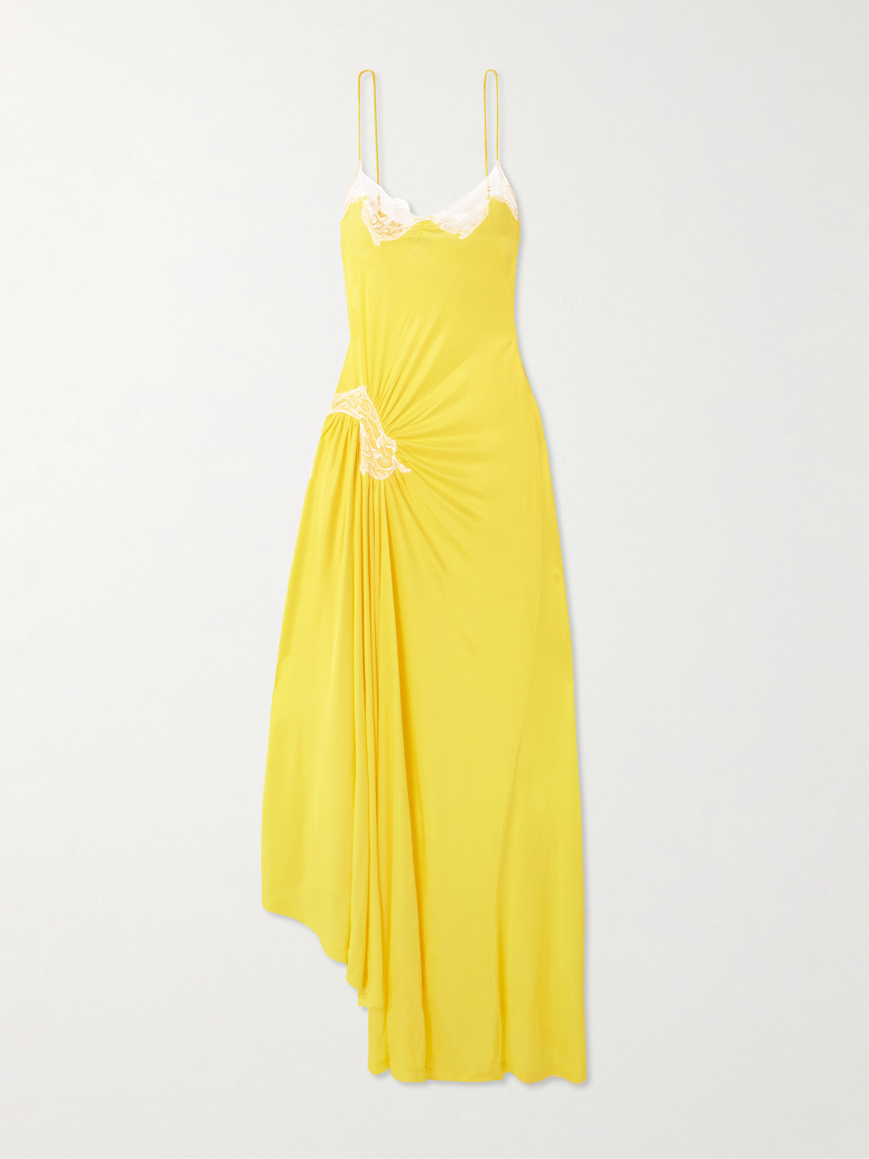 Christopher Esber Delphin Asymmetric Gathered Lace-trimmed Ribbed Jersey Midi Dress In Yellow