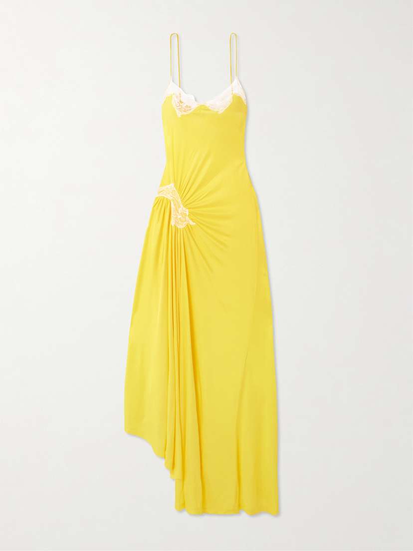 Christopher Esber Delphin Asymmetric Gathered Lace-trimmed Ribbed Jersey Midi Dress