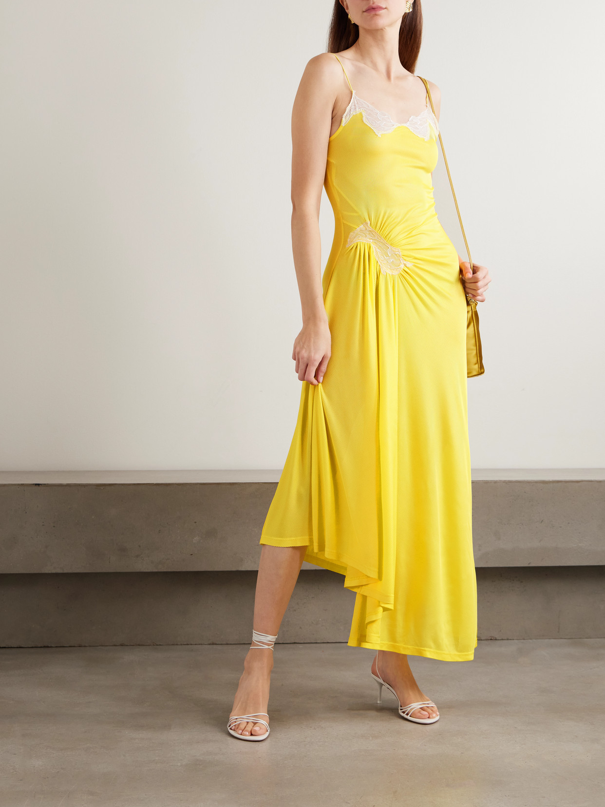 Christopher Esber Delphin Asymmetric Gathered Lace-trimmed Ribbed Jersey Midi Dress In Yellow
