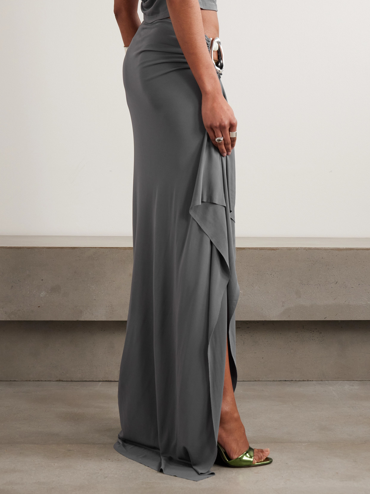 Orica Asymmetric Embellished Ruched Draped Jersey Maxi