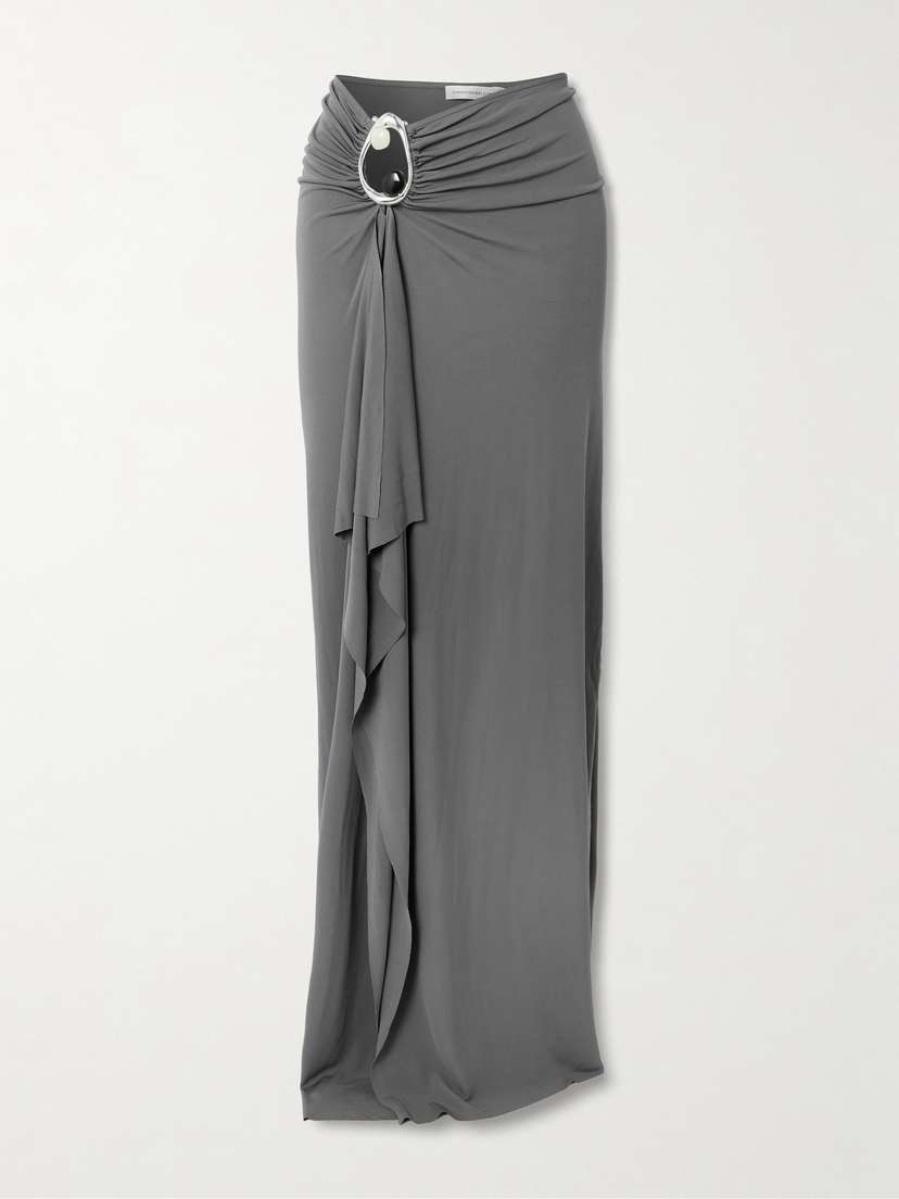 Christopher Esber Orica Asymmetric Embellished Ruched Draped Jersey Maxi Skirt