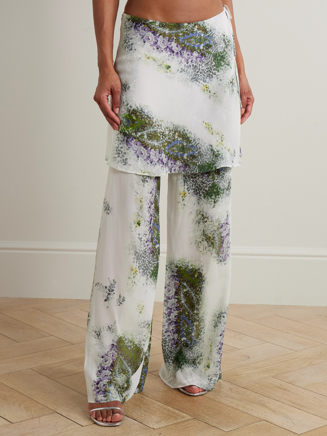 Christopher Esber Absence Layered Printed Silk-chiffon Wide-leg Pants In White