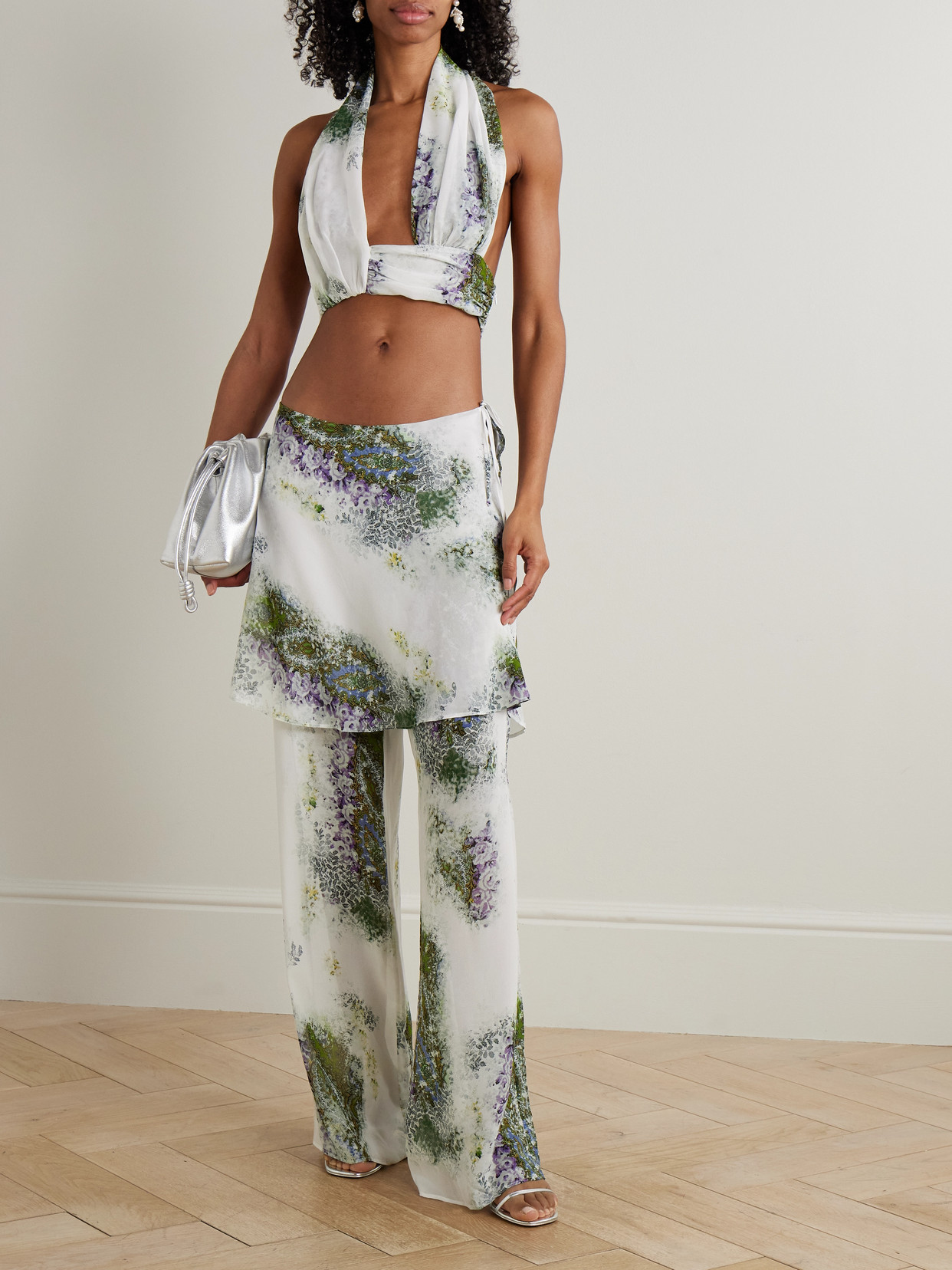 Christopher Esber Absence Layered Printed Silk-chiffon Wide-leg Pants In White