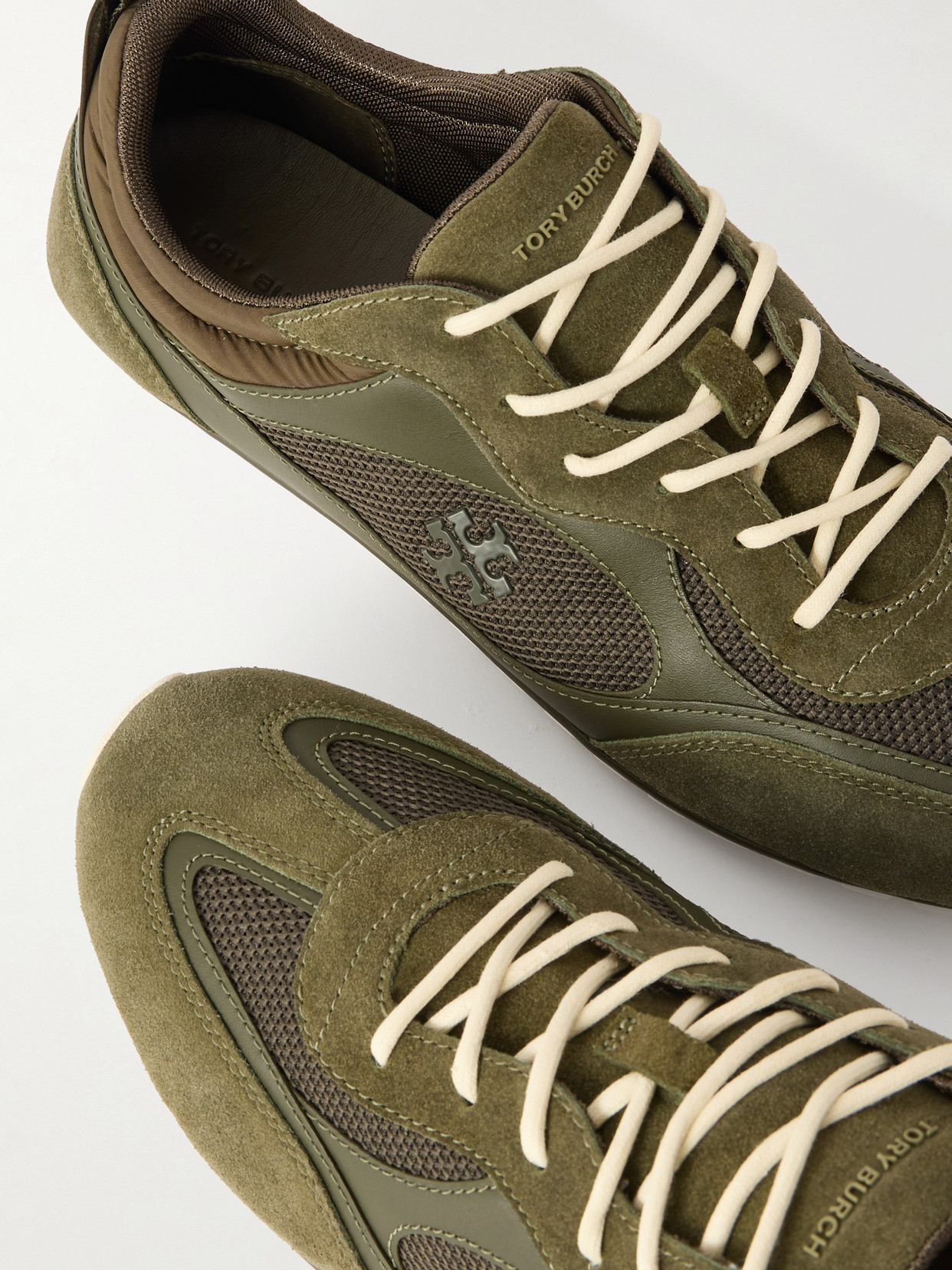Tory Burch Field Shell-trimmed Mesh, Leather And Suede Sneakers In Green