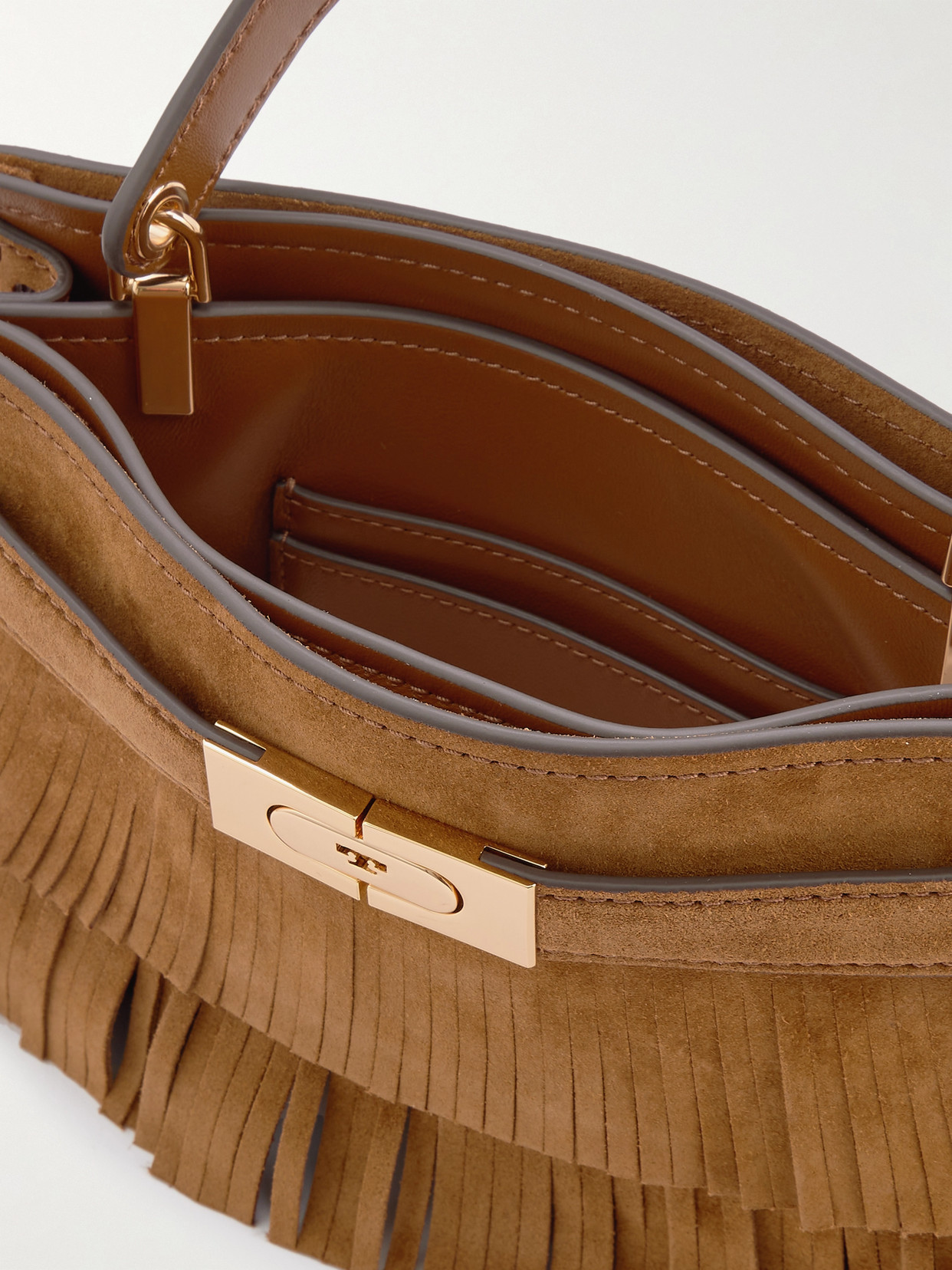 Tory Burch Petite Lee Radziwill Fringed Whipstitched Suede Shoulder Bag In Brown