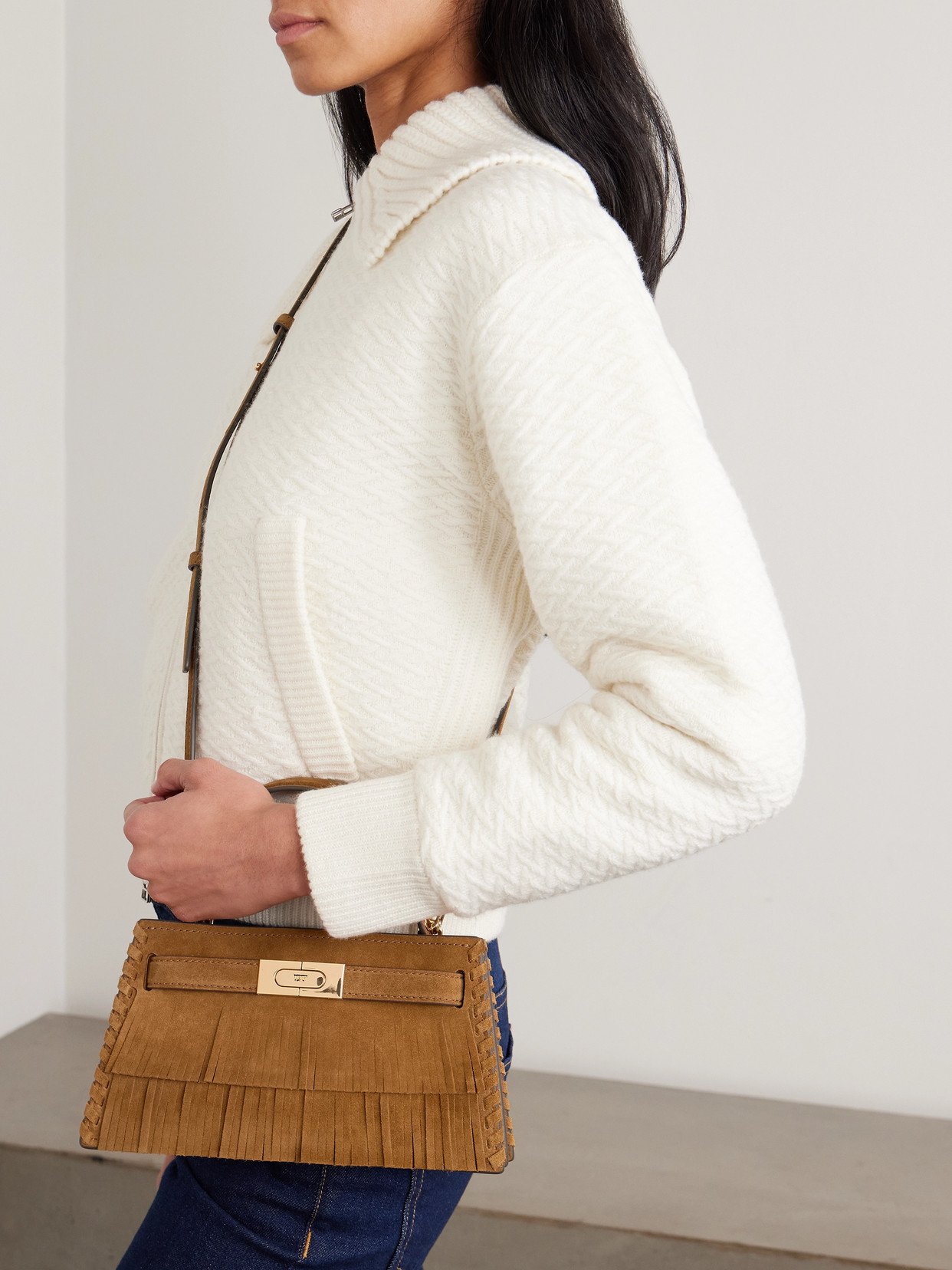 Tory Burch Petite Lee Radziwill Fringed Whipstitched Suede Shoulder Bag In Brown