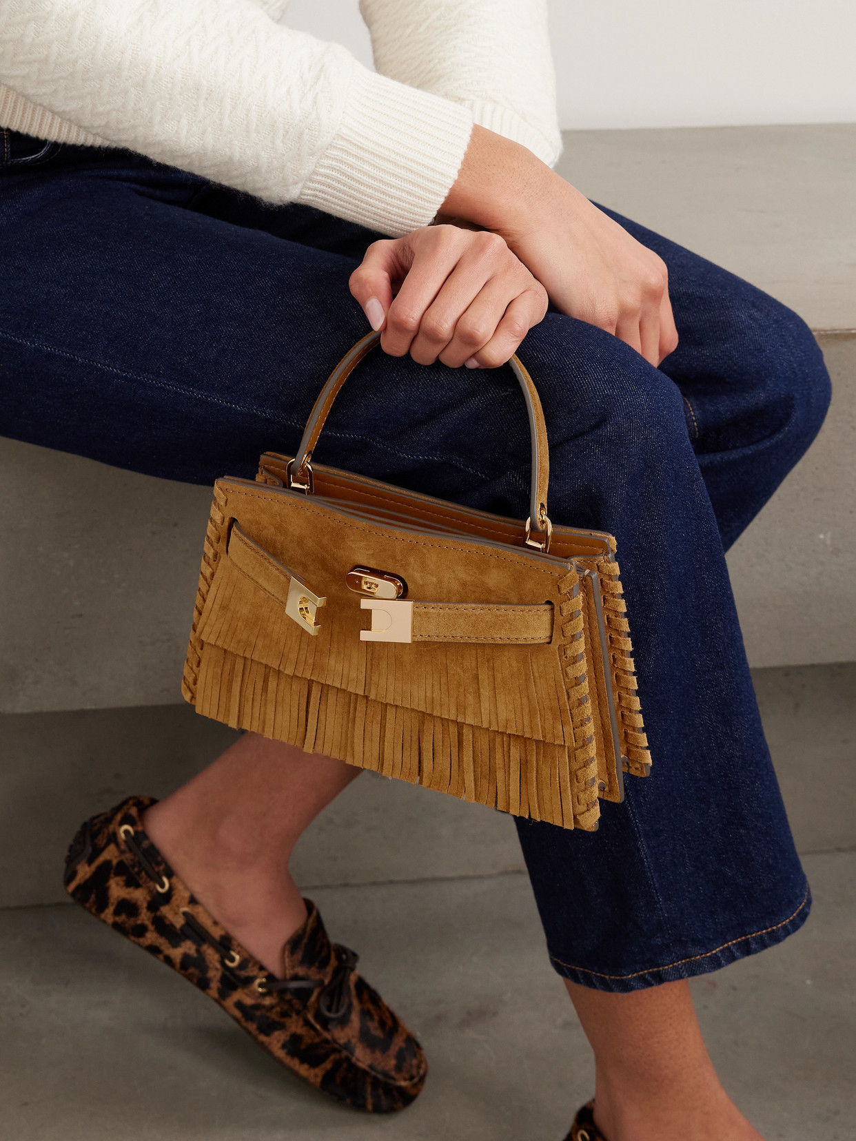 Tory Burch Petite Lee Radziwill Fringed Whipstitched Suede Shoulder Bag In Brown