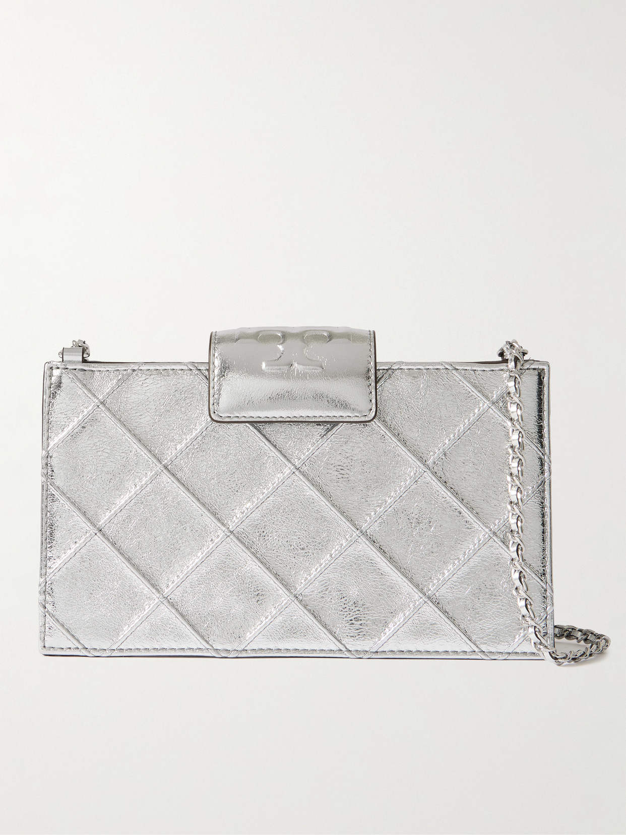 Tory Burch Fleming Mini Quilted Metallic Leather Shoulder Bag In Silver