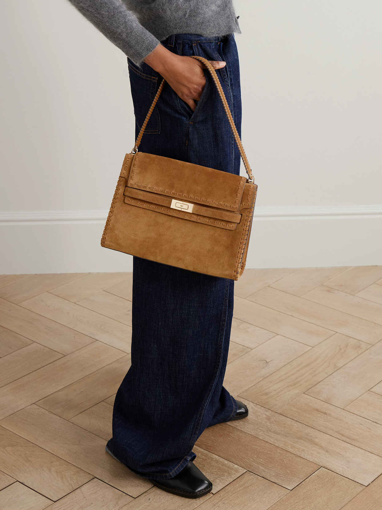 Tory Burch Lee Radziwill Large Leather-trimmed Whipstitched Suede Shoulder Bag In Brown