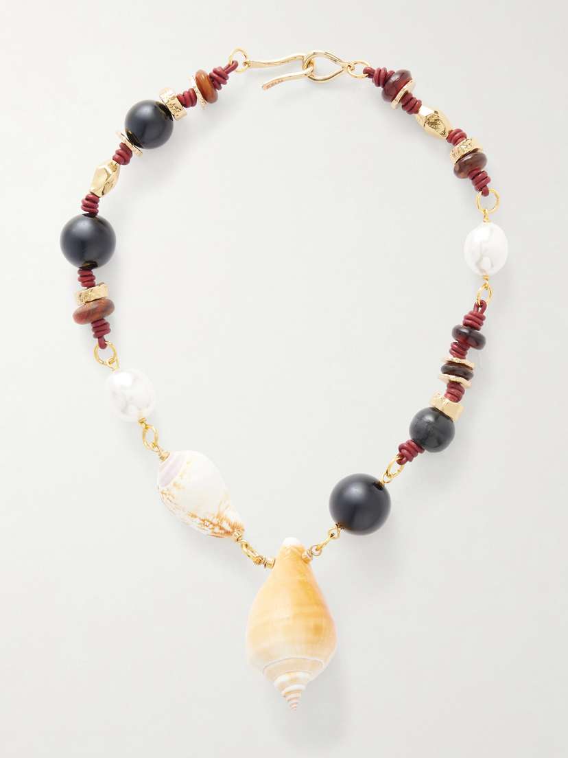 TOHUM Samsara Gold-plated, Onyx, Leather And Seashell Beaded Necklace