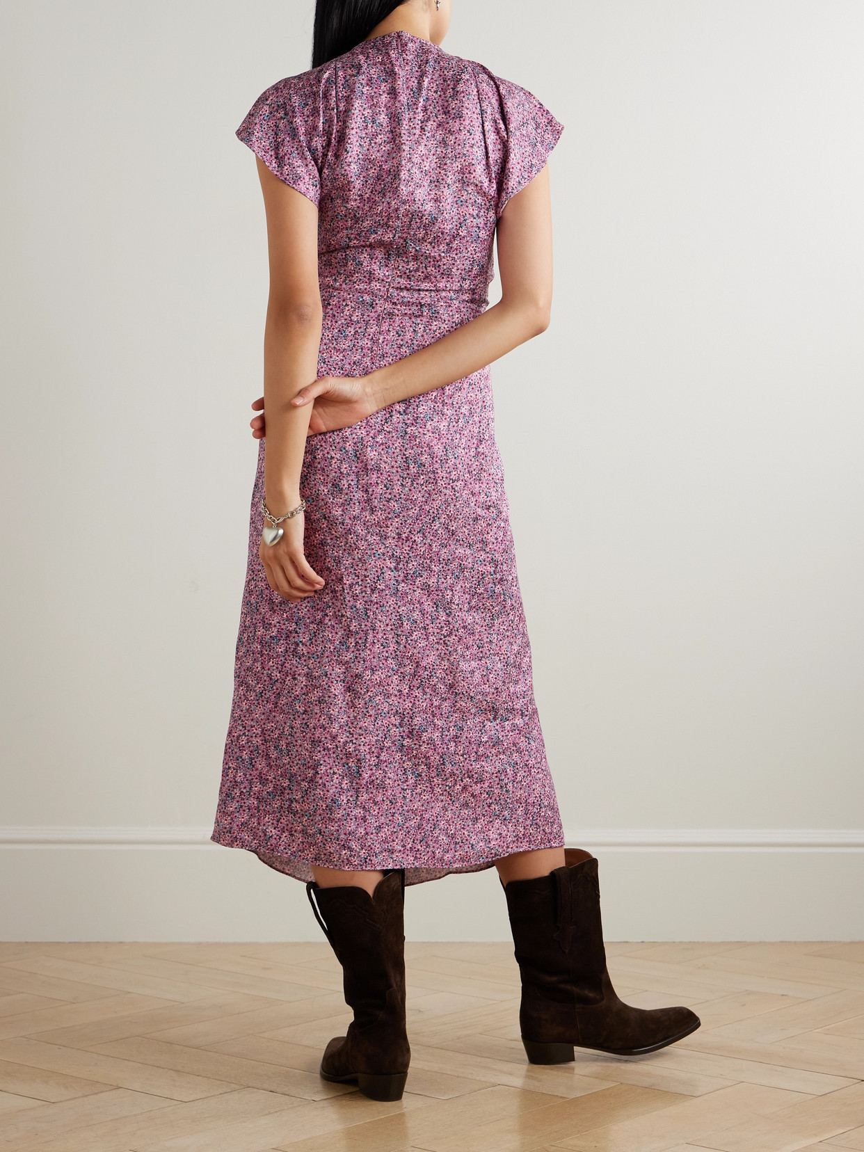 Isabel Marant Lyndsay Gathered Printed Satin Midi Dress In Pink