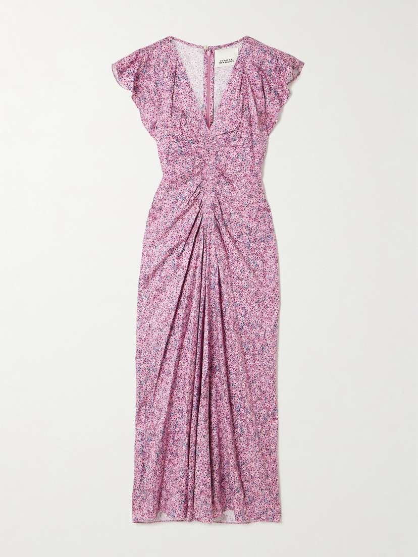 Isabel Marant Lyndsay Gathered Printed Satin Midi Dress