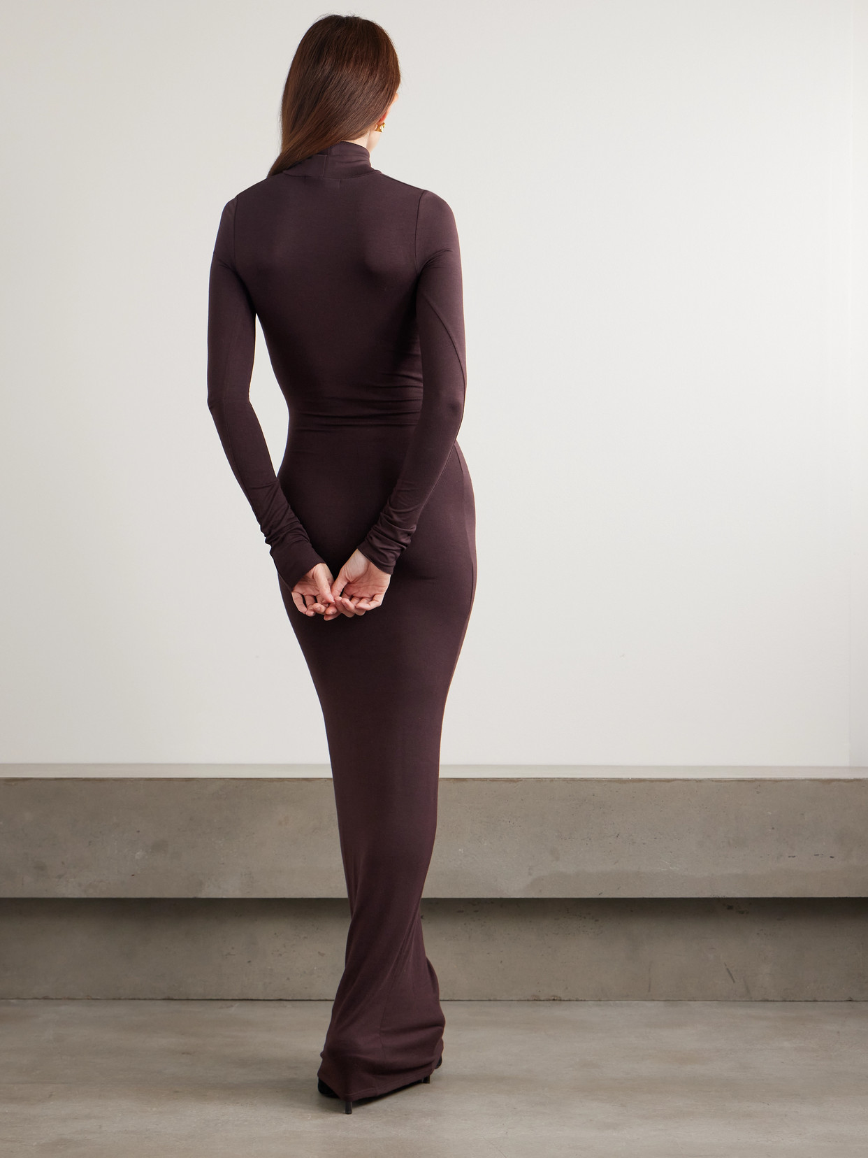 Éterne Stretch-modal Jersey Turtleneck Maxi Dress In Brown