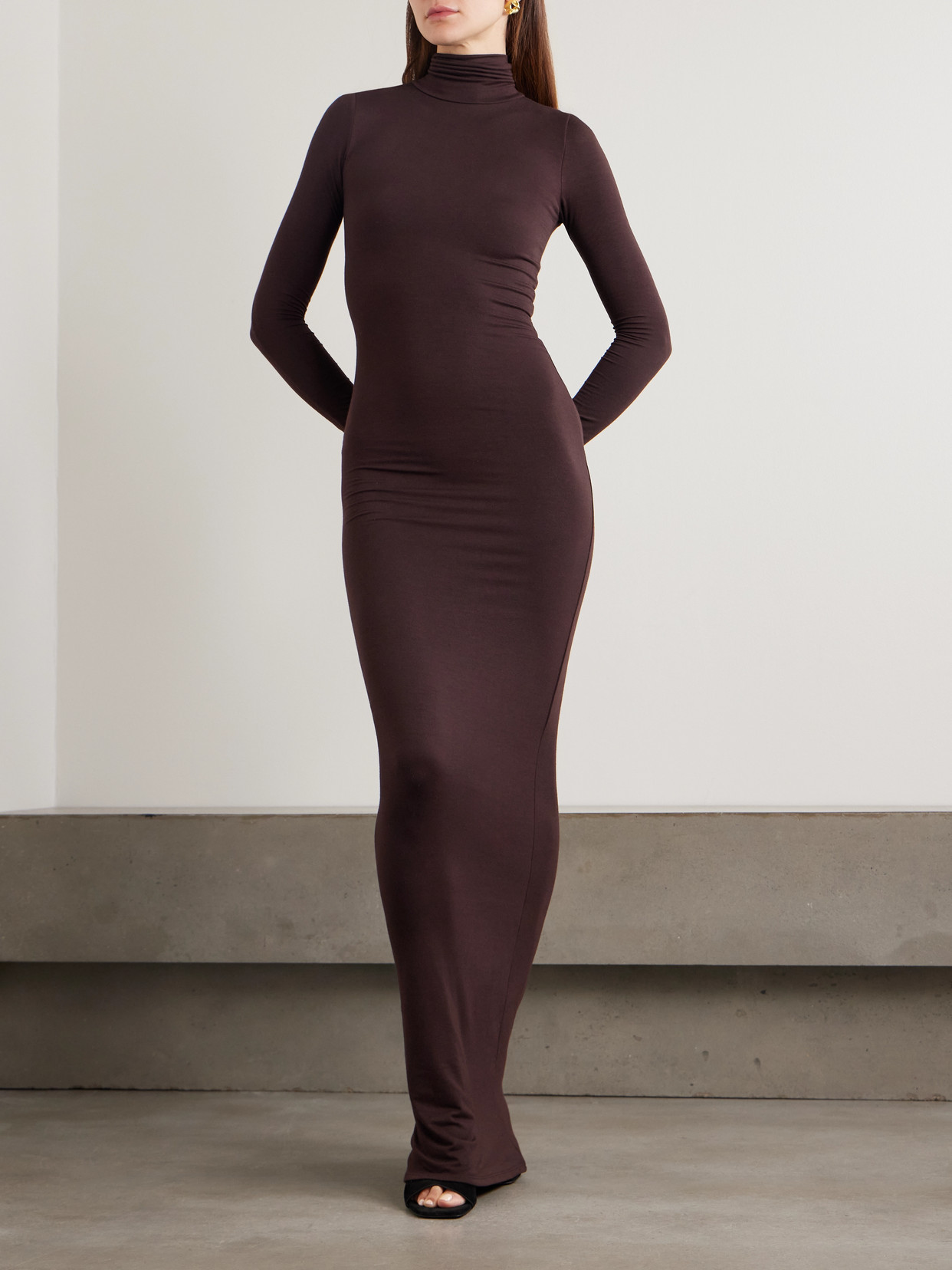 Éterne Stretch-modal Jersey Turtleneck Maxi Dress In Brown