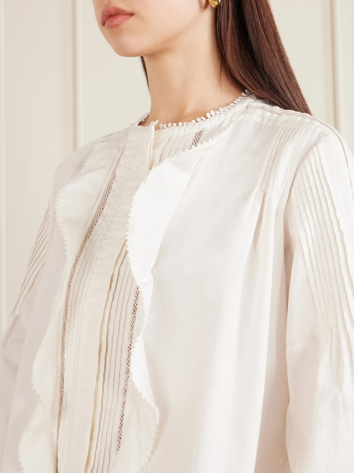 Isabel Marant Cubraly Lace-trimmed Ruffled Pintucked Cotton-poplin Blouse In White