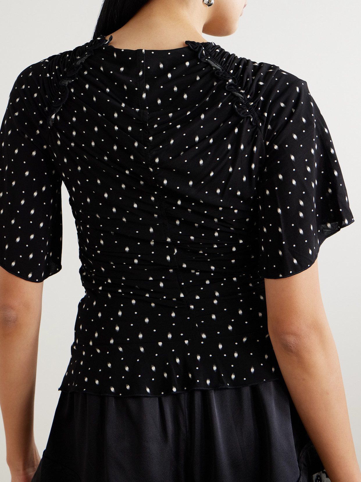 Garla Ruched Printed Stretch-Mesh Top