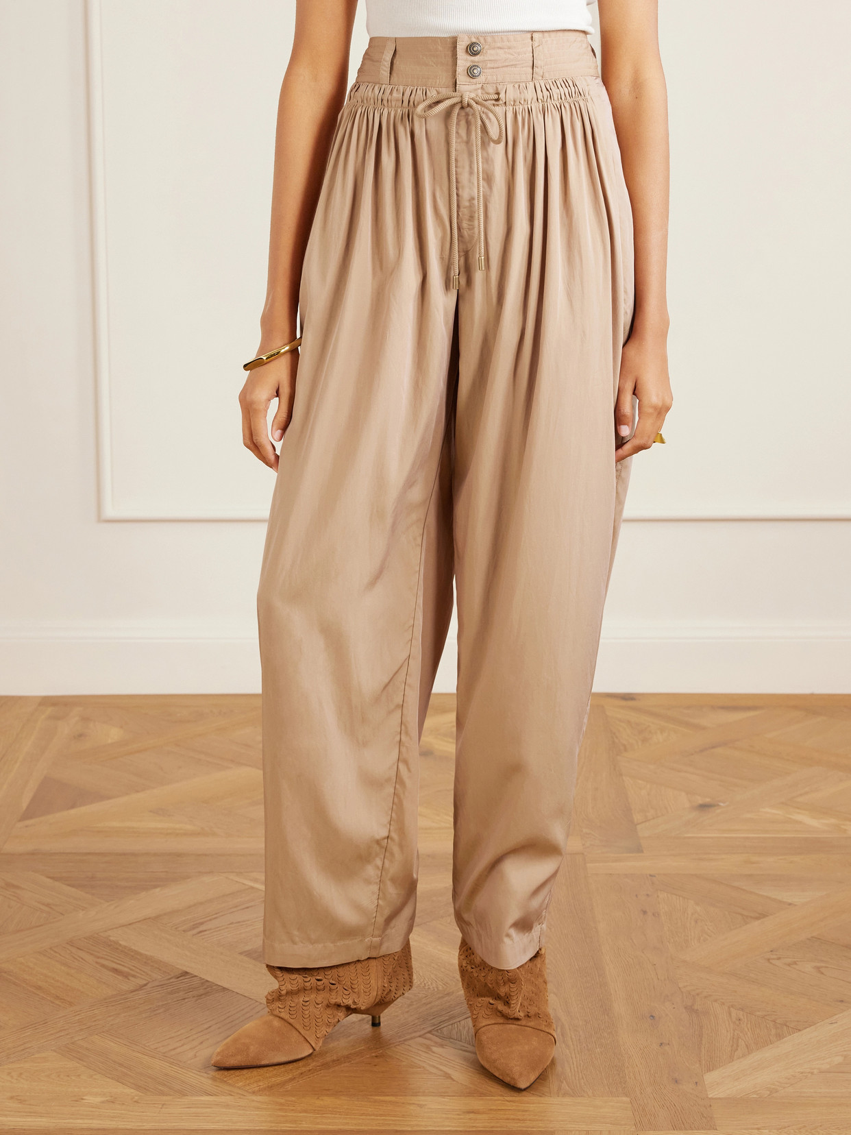 Isabel Marant Inaya High Waist Gathered Straight Leg Pants In Brown