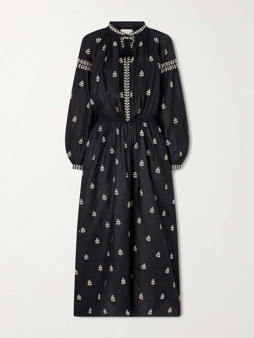 Isabel Marant Rodilia Tasseled Gathered Embroidered Silk Midi Dress