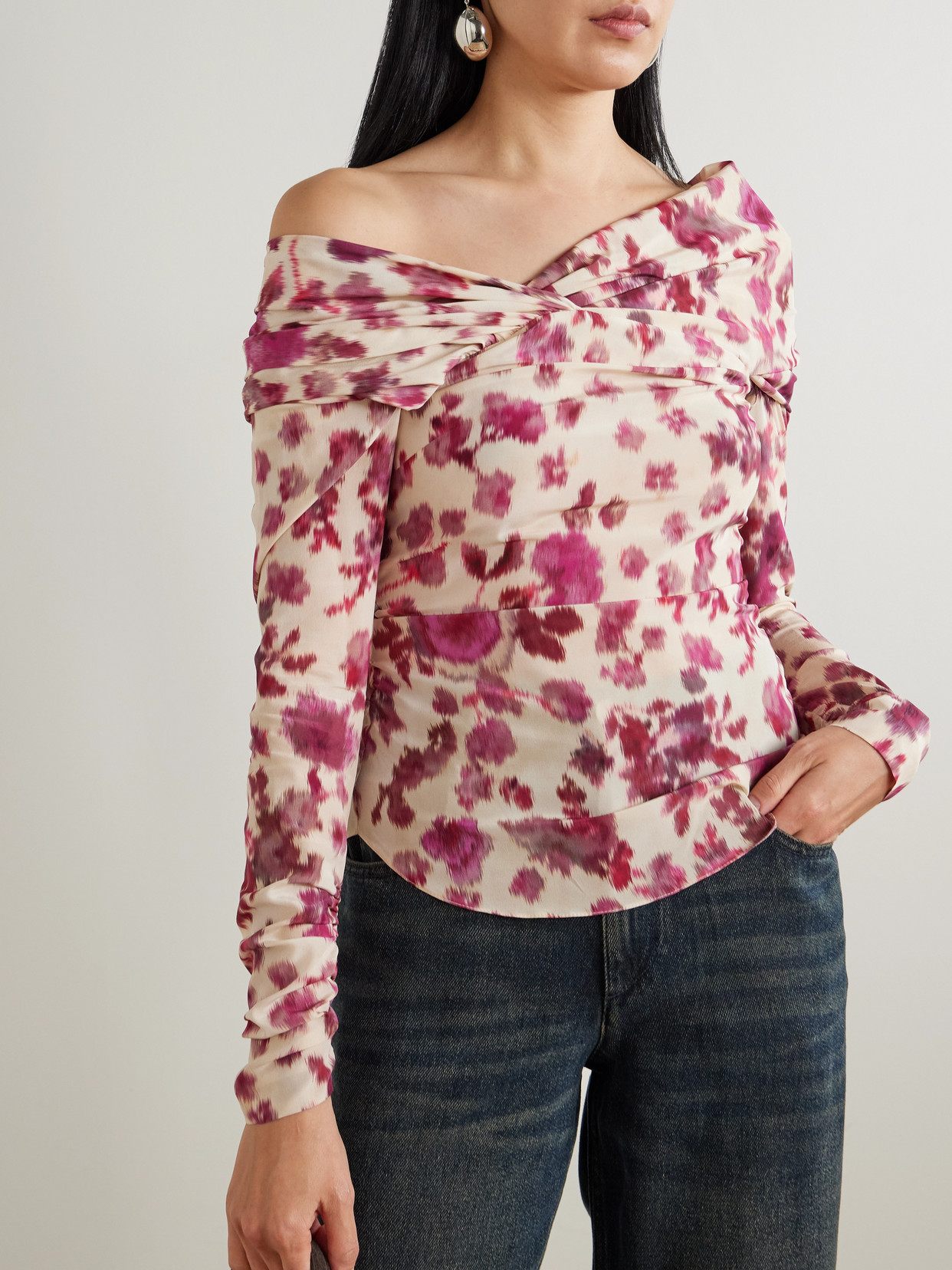Danka Off-The-Shoulder Draped Floral-Print Stretch-Silk Top