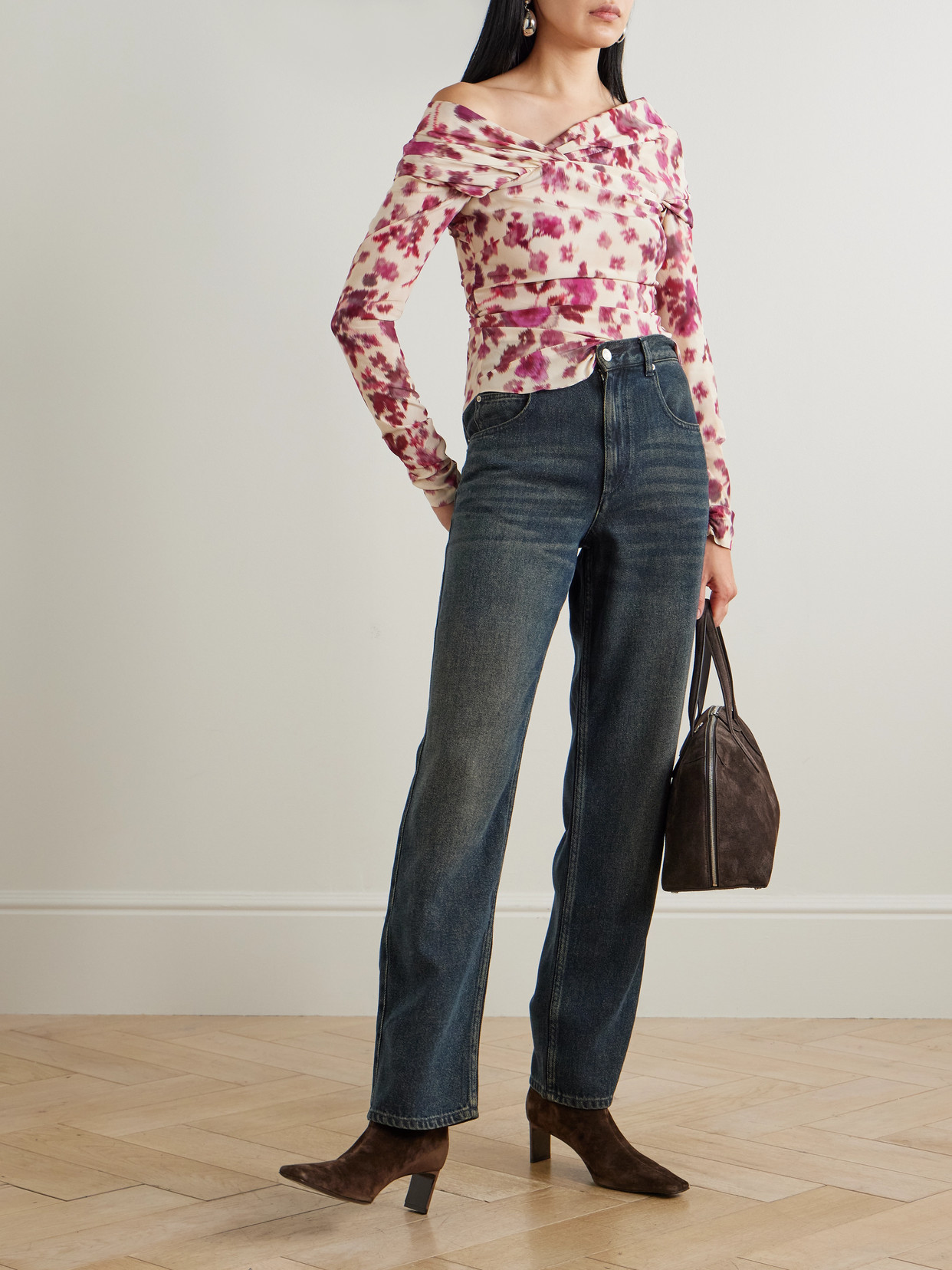 Danka Off-The-Shoulder Draped Floral-Print Stretch-Silk Top
